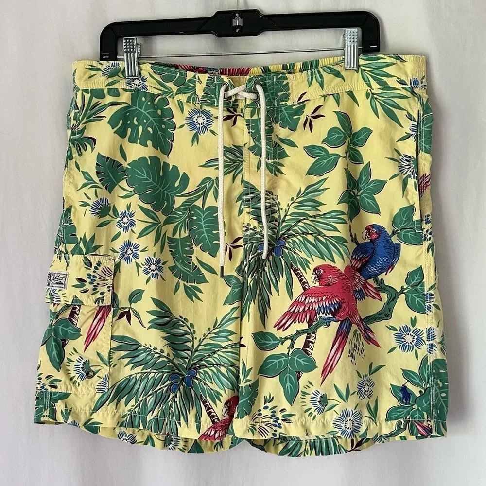 Vintage Polo Ralph Lauren Yellow Tropical Parrot Print Swim Trunks Size M